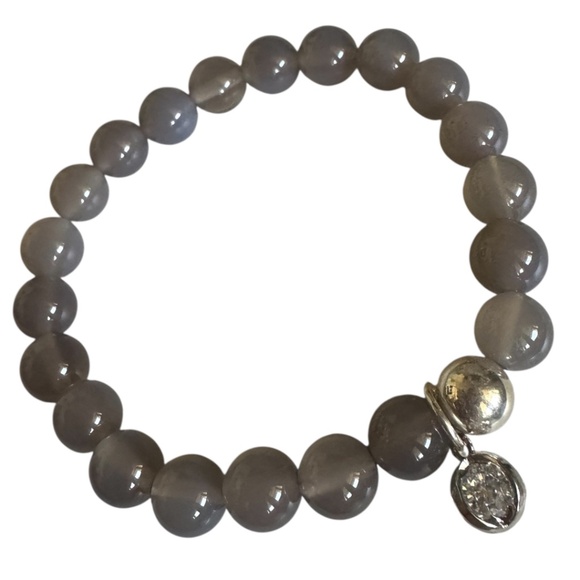 Classic Jewelry - 8mm Gray Agate Stretch Bracelet | Sterling Silver Spacer & CZ Charm | Classic